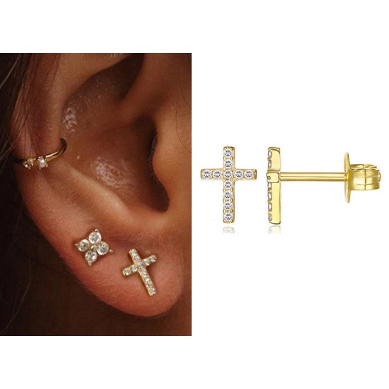 Cross Stud Earrings Gold Color Sterling Silver Cross Stud Earrings Gold Color Sterling Silver
