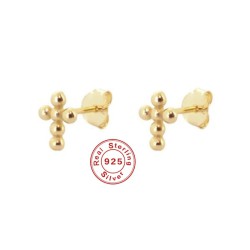Gold Colored Round Bead Cross Stud Earrings 