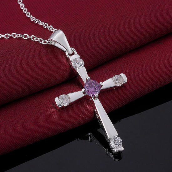 Silver Plated Cross Pendant CZ Amethyst Silver Plated Cross Pendant CZ Amethyst